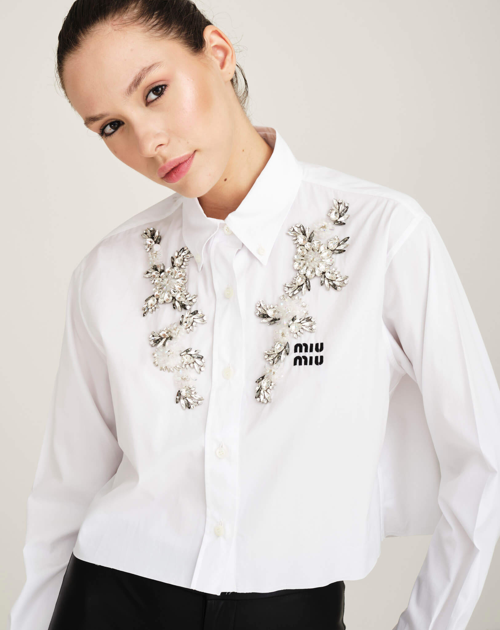 Miu Miu - Cropped Rhinestoned Cotton Shirt 38